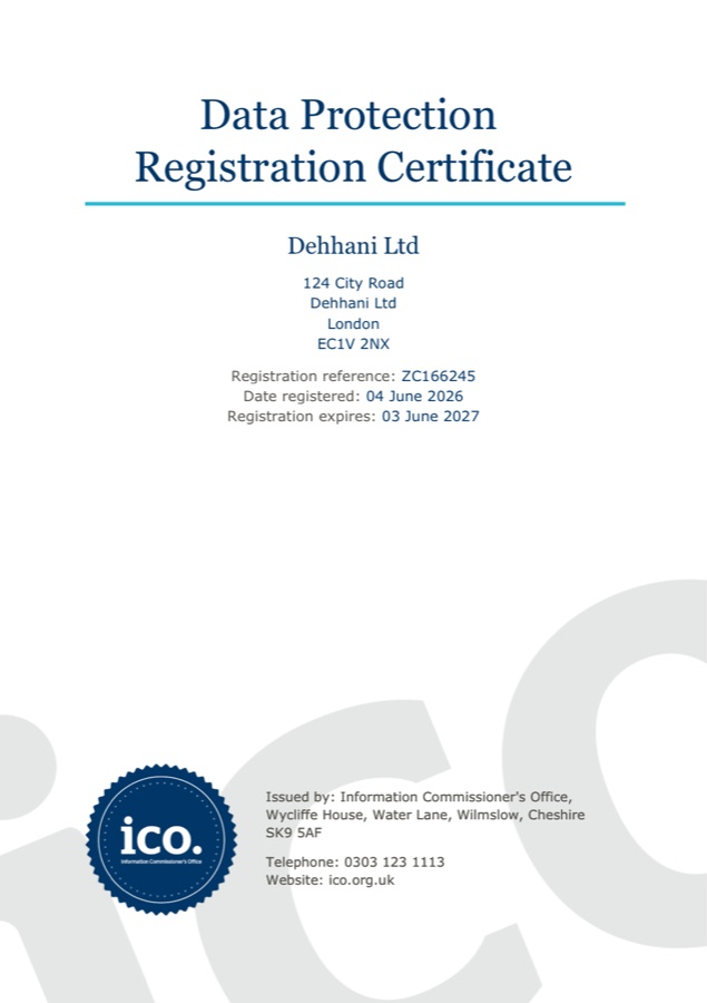 Preview of Dehhani Data Protection Registration Certificate