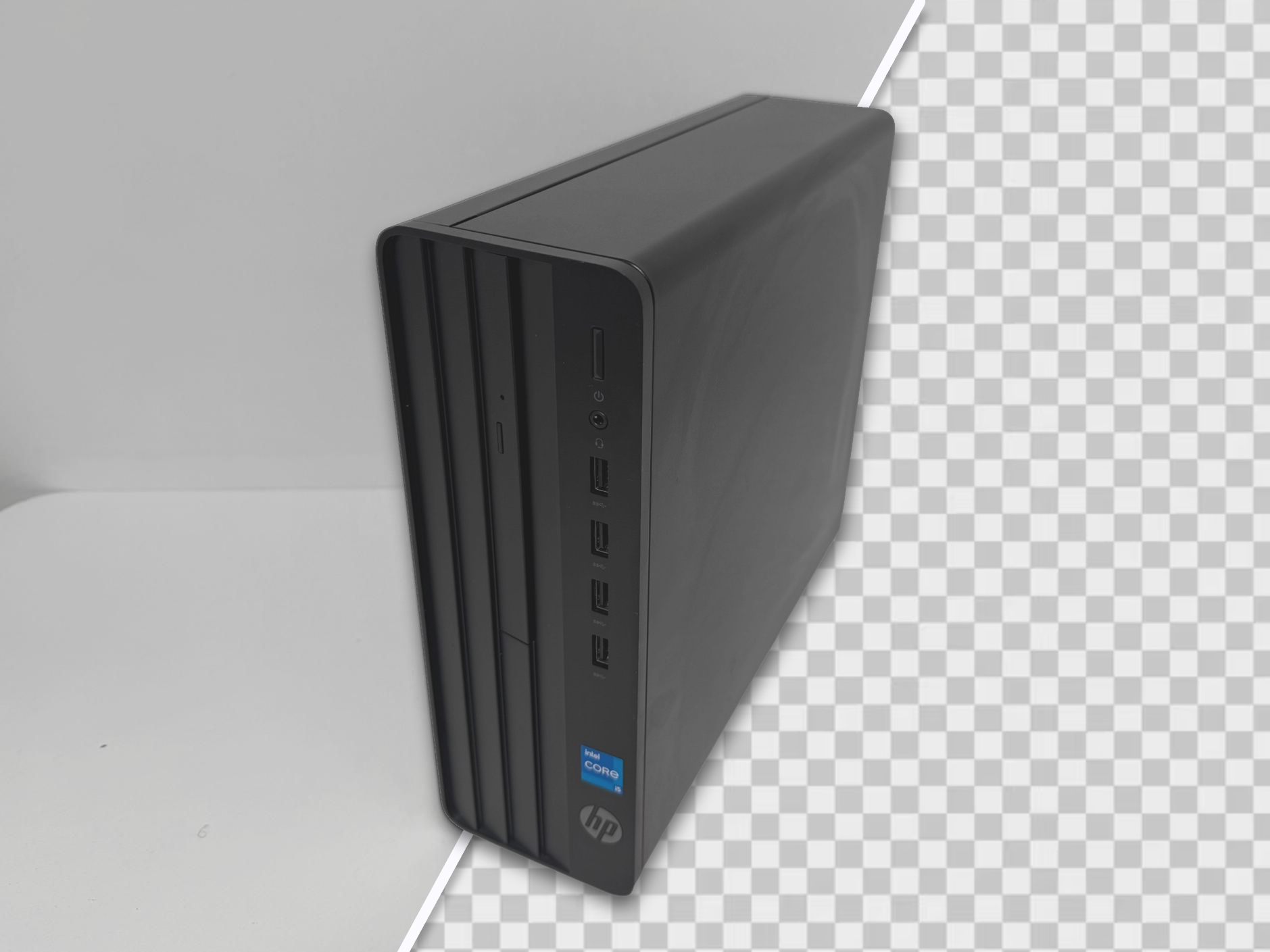 Desktop computer with background partially removed using the DSU ClearBG add-on for automatic image background removal.