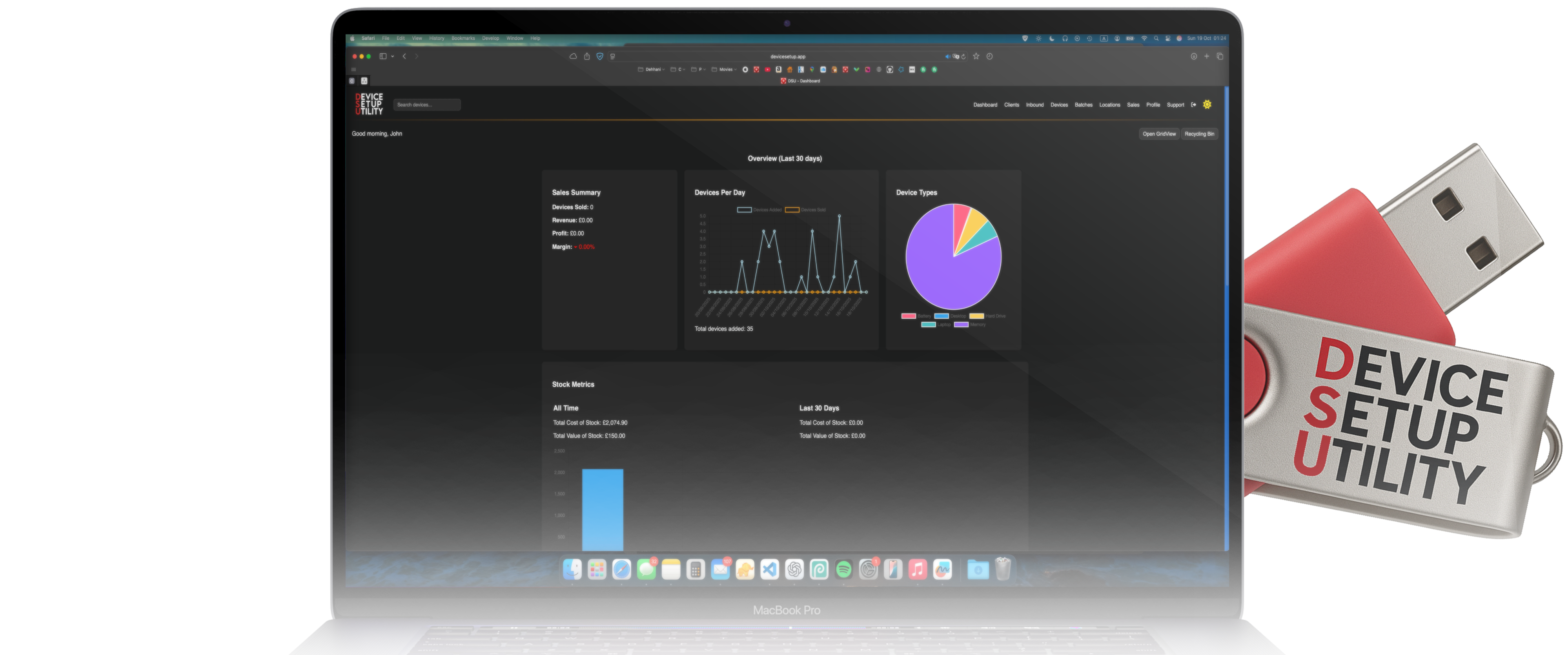 MacBook displaying the DSU - Portal dashboard with charts and analytics, next to a red Device Setup Utility branded USB.