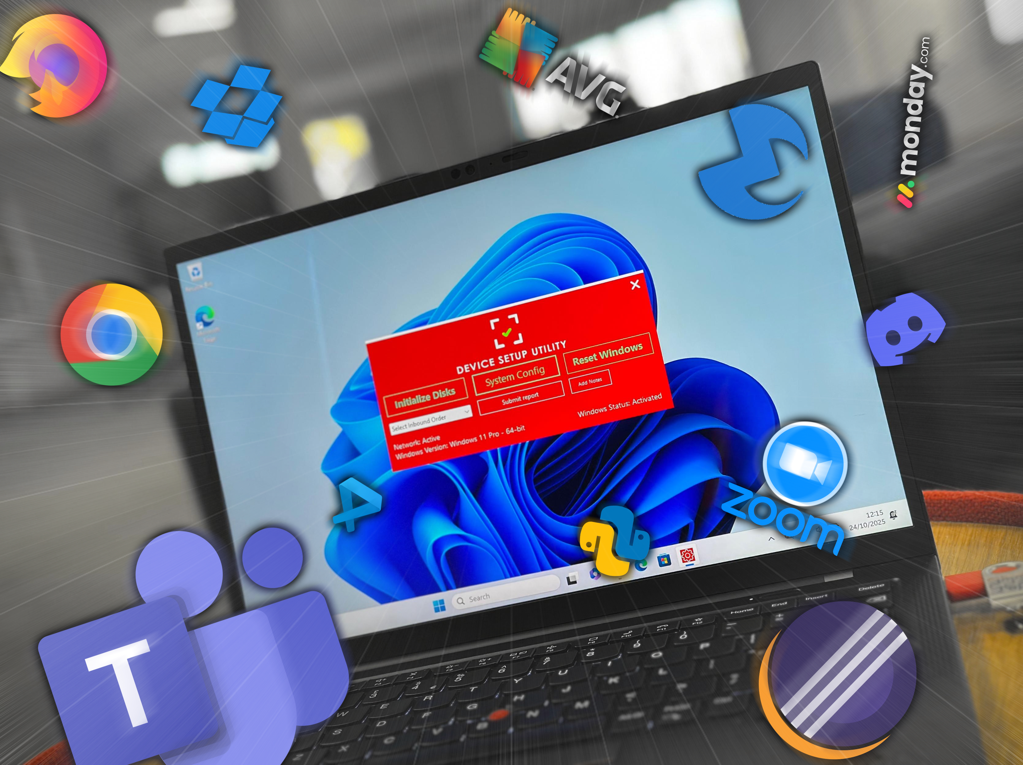 Laptop running Windows 11 displaying the DSU - Profiler interface, surrounded by floating app icons including Chrome, Teams, Zoom, Python, AVG, and Monday.com, representing software installation and system setup.