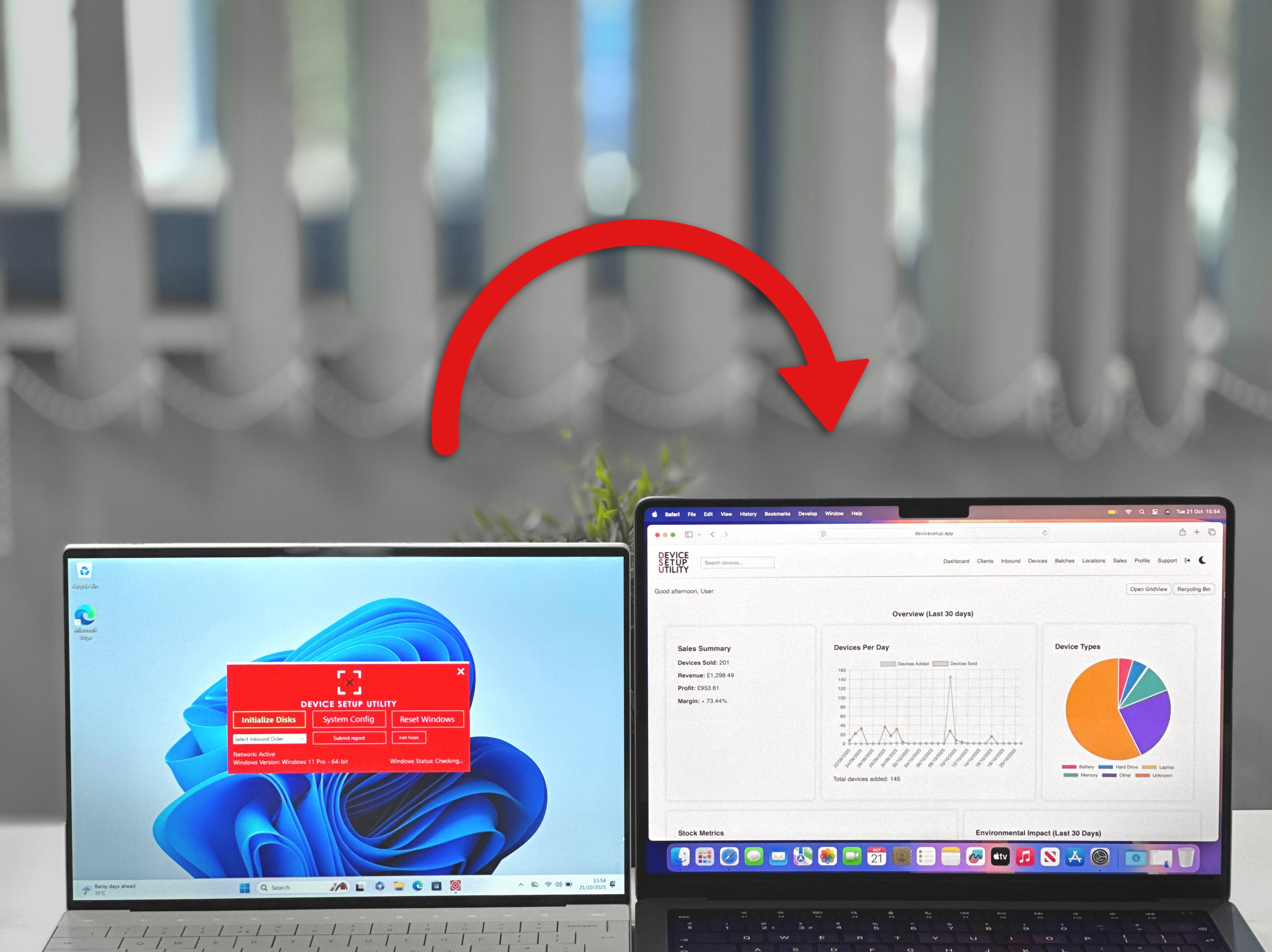 Two laptops showing DSU - Profiler transferring data from a Windows setup screen to the DSU - Portal dashboard, representing device reporting and synchronization.