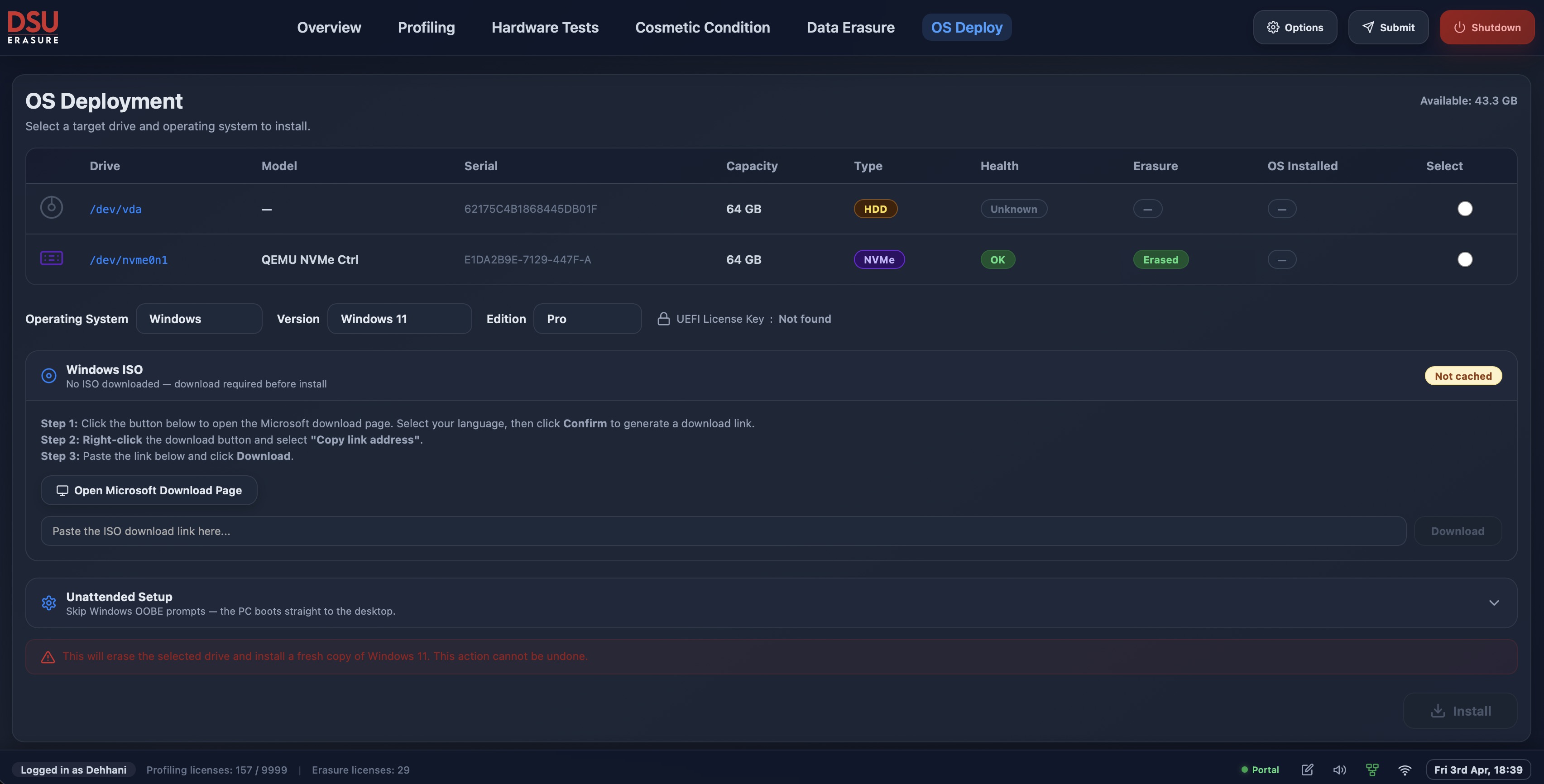 DSU Erasure deploying Windows and Ubuntu operating systems from USB