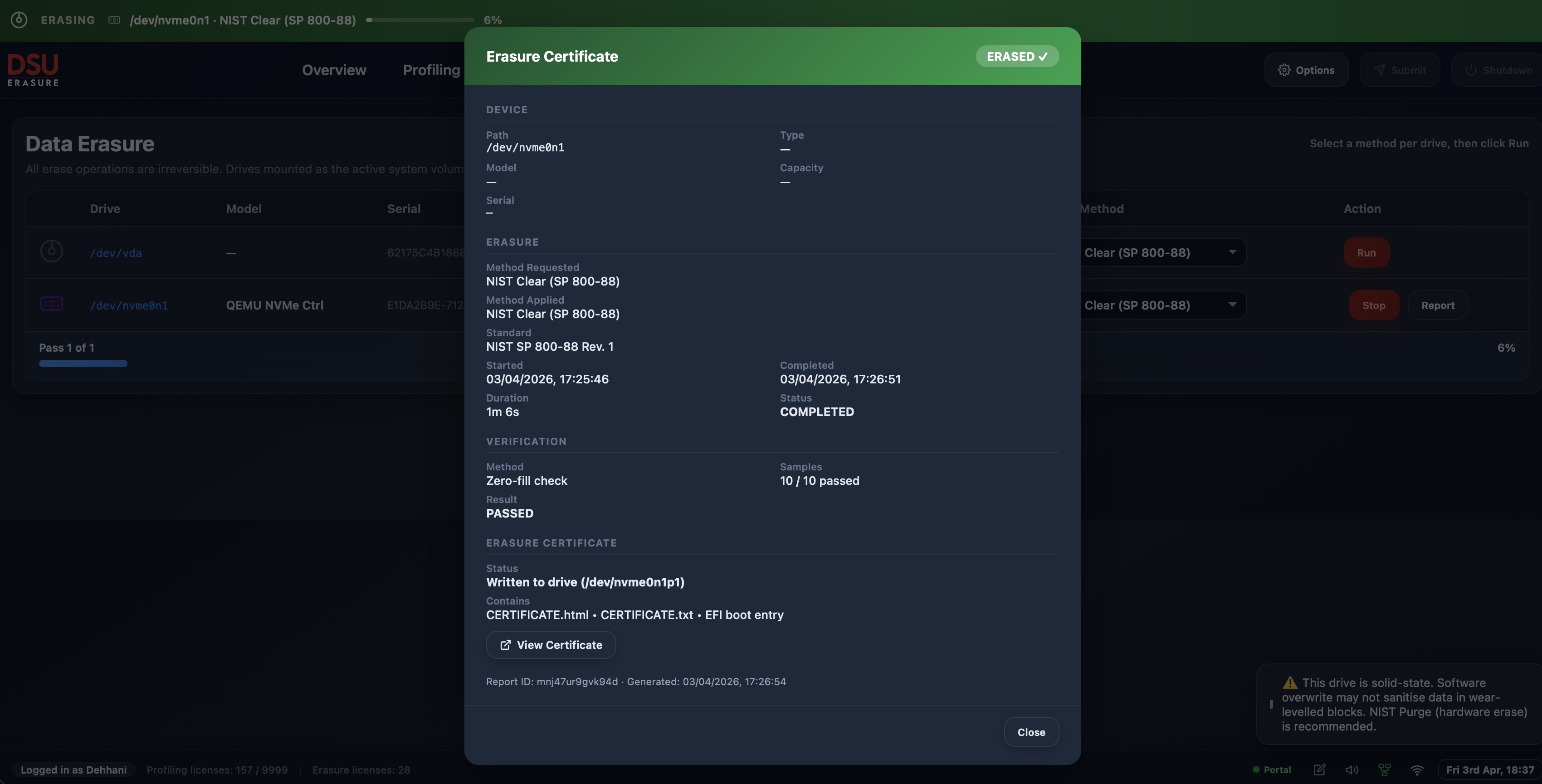 DSU Erasure secure data erasure with PDF certificate generation