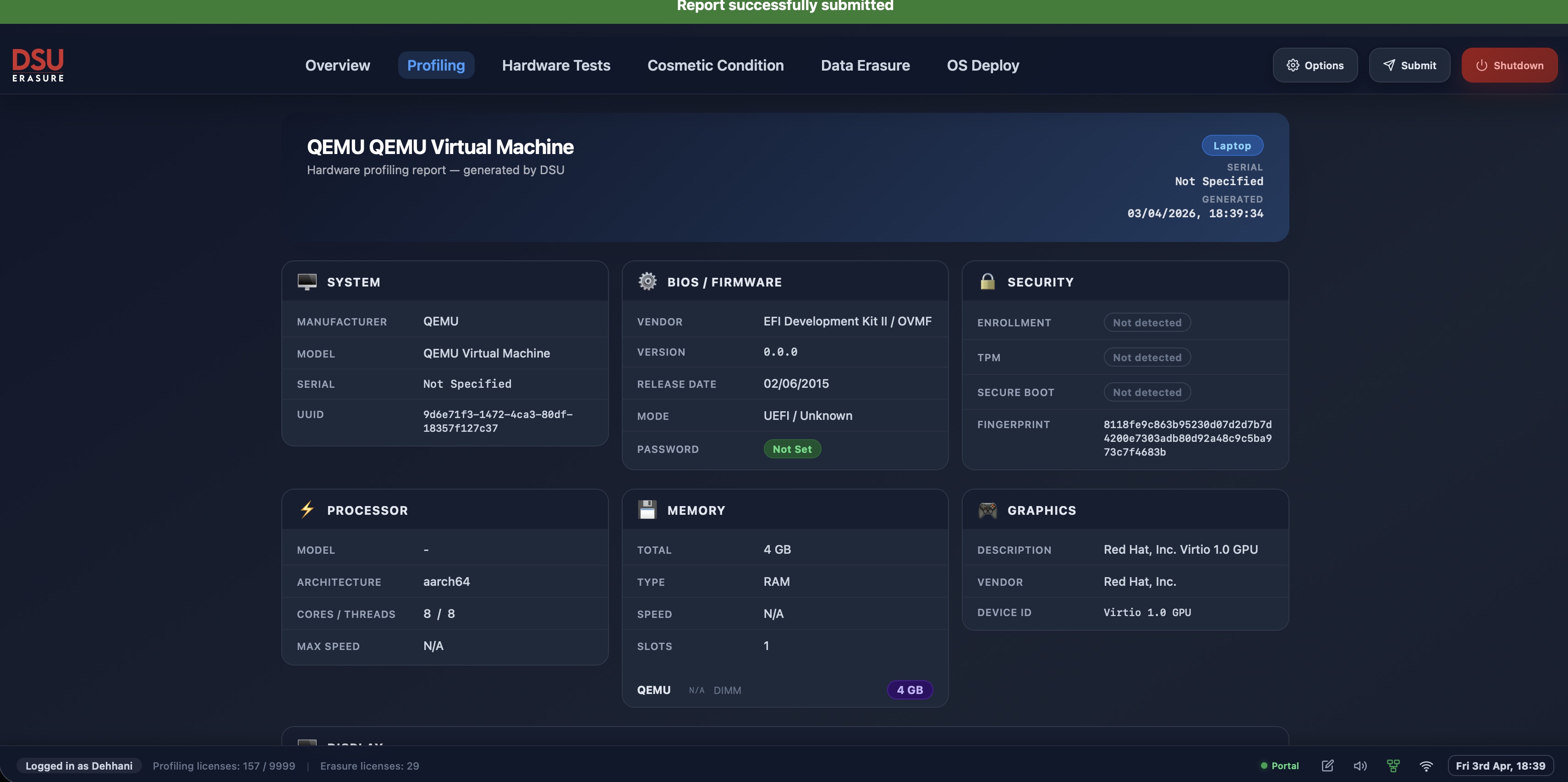 DSU Erasure one-click submission of complete device report to DSU Portal