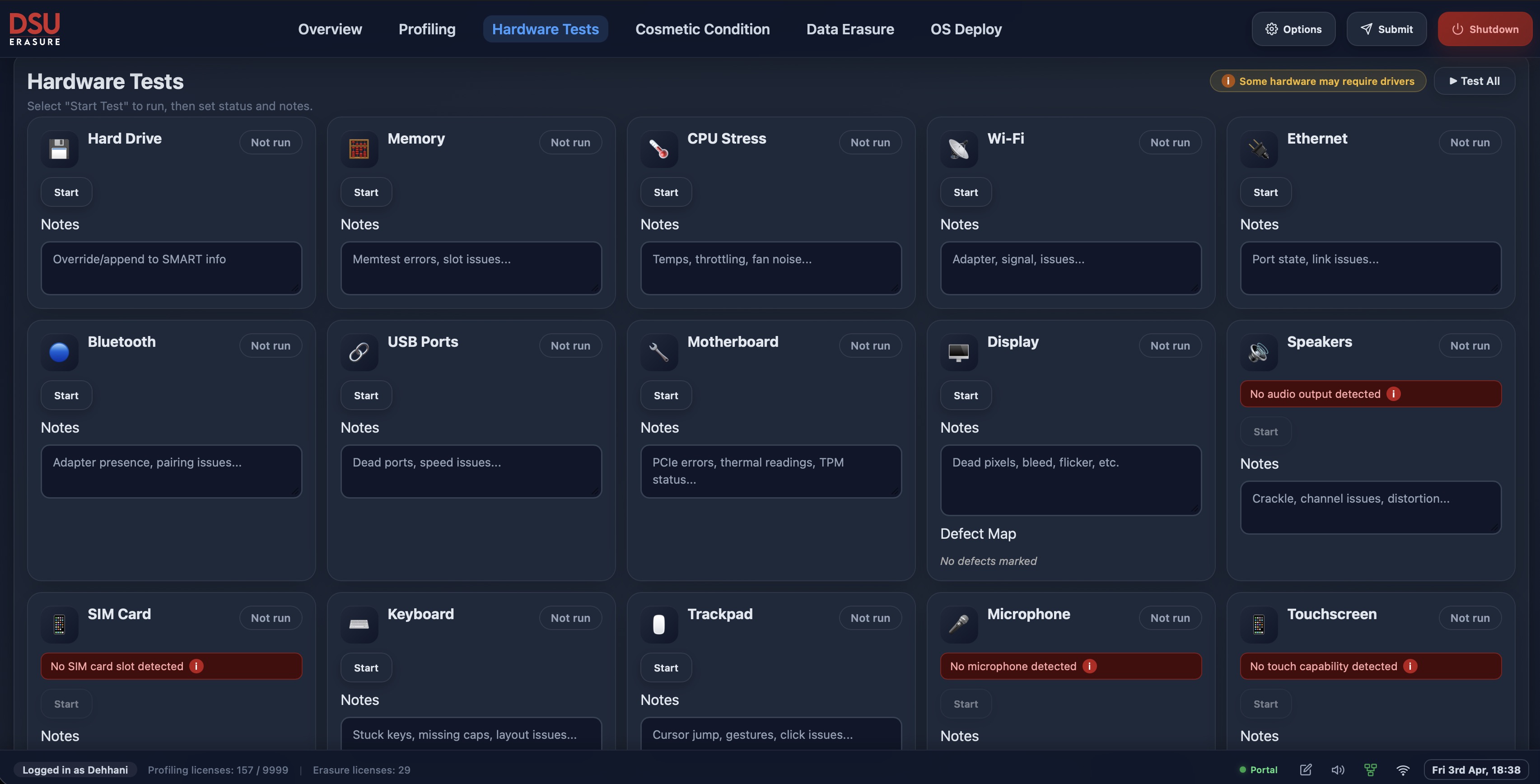 DSU Erasure running automated hardware diagnostics on a device