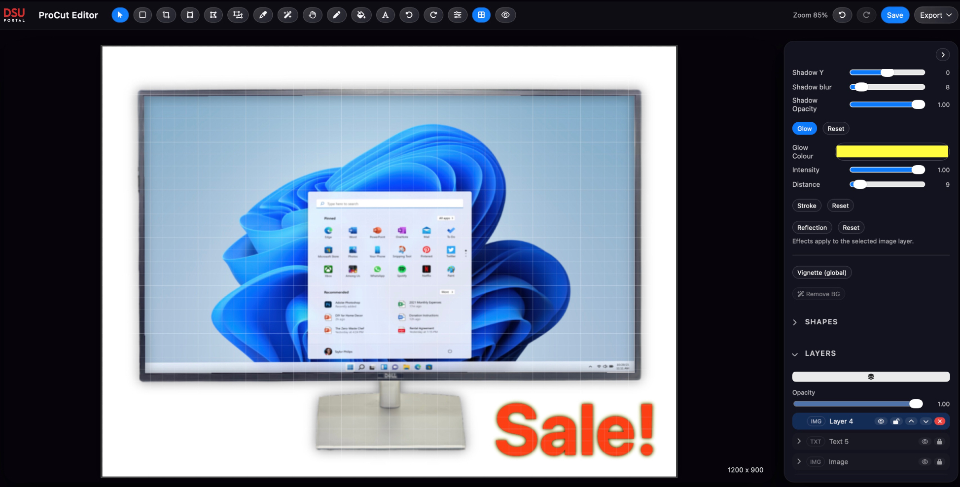 Desktop monitor product image edited in ProCut with glow, reflection, text overlay, and layered effects applied inside browser-based design interface.