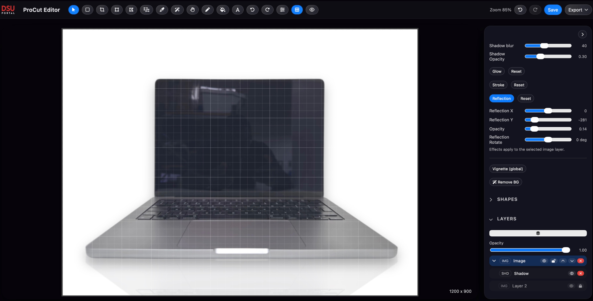 DSU ProCut web editor interface showing laptop image aligned with grid overlay, shadow controls, and layered editing tools in browser.