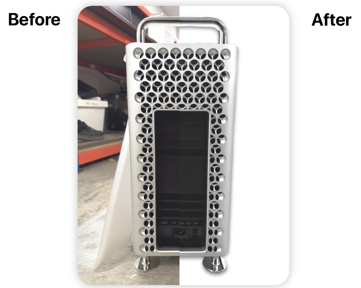 Before and after product image showing warehouse background removed from Apple Mac Pro, isolated on clean white background for marketplace listing.