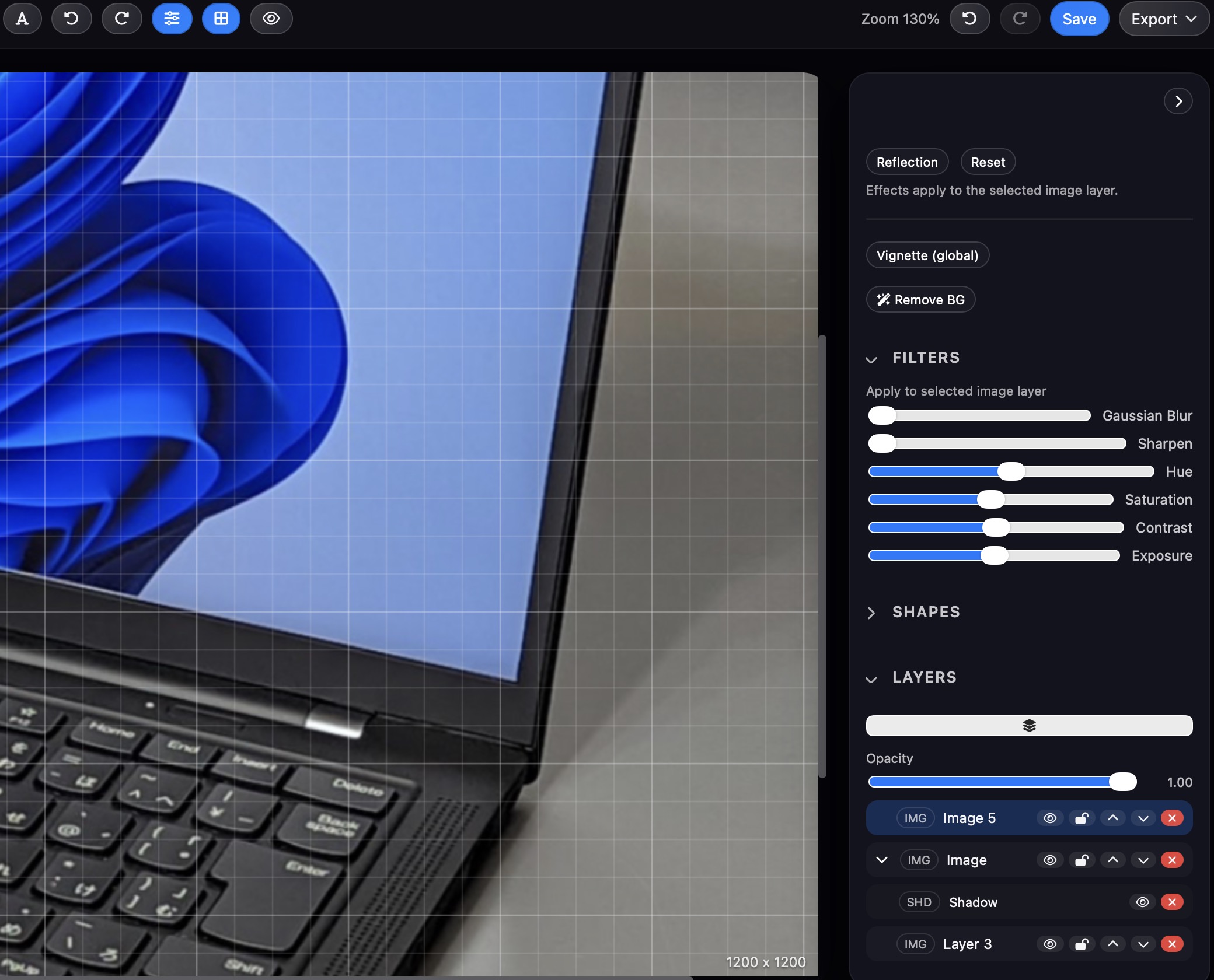 Close-up view of laptop screen and keyboard inside ProCut editor with pixel grid overlay and image adjustment controls for precise product refinement.