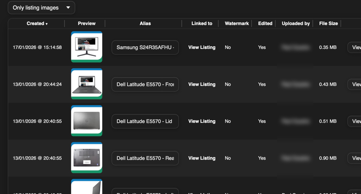 DSU product image library showing edited listing images linked to inventory items with upload status, file size, and marketplace association.